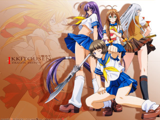 Anime girls swords action group - a background free wallpaper