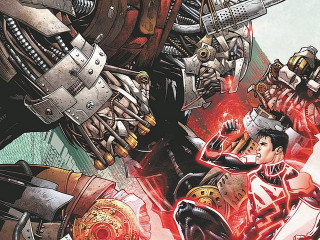 Giant robot man guns woman - his hand and a woman holding free wallpaper