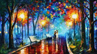 Couple umbrella tree rain streetlight 3 - impressionist painting free wallpaper