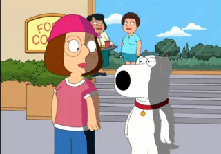 Cartoon woman dog talking building - optical free wallpaper