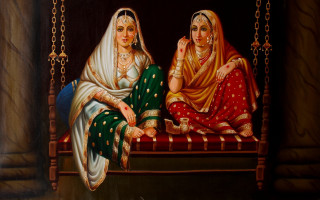 Two women swing painting together - qajar art free wallpaper