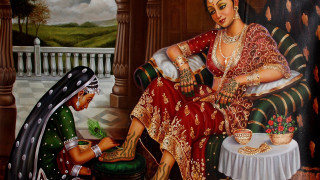 Woman man couch tea pot - oil free wallpaper