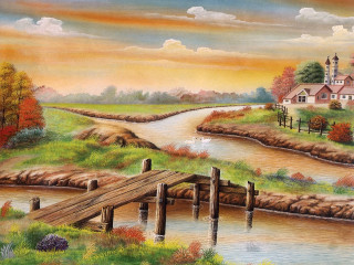 Bridge river house dock painting - alexander brook free wallpaper