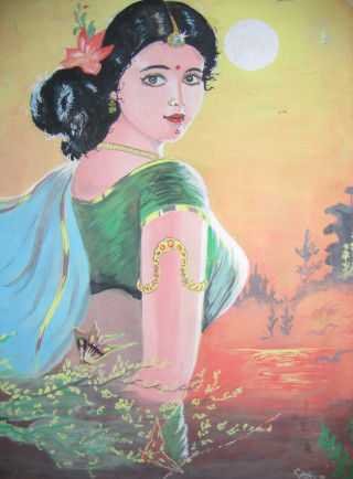 Woman green dress blue shawl - a painting of a woman free wallpaper