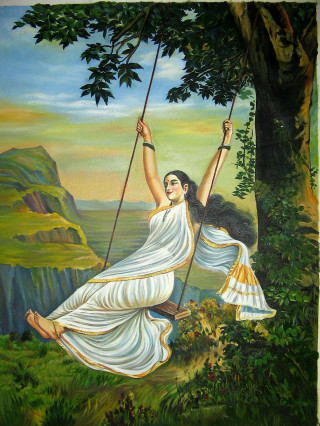 Woman swinging forest mountain sky - a painting of a woman free wallpaper