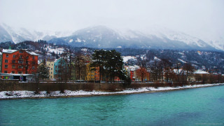 River city snow mountains buildings - a city free wallpaper