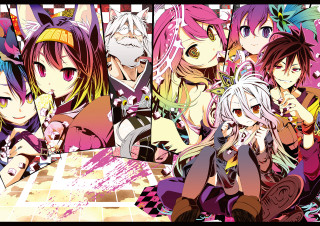 Anime girls table cat head - a group of anime girls sitting free wallpaper