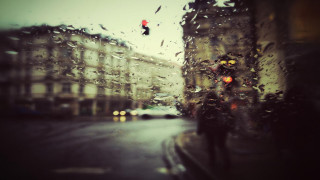 Person walking street rain umbrella - impressionist free wallpaper