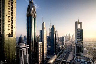 City train tall buildings sunset - a train free wallpaper