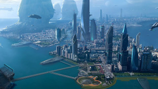 Futuristic city skyline airplane flying - free city wallpaper