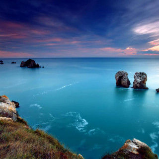 Water rocks sky clouds grassy - rock free wallpaper