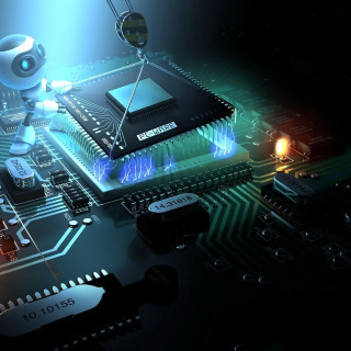 Robot standing computer board circuit - free cyberpunk wallpaper