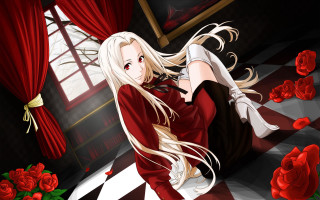 Woman red dress checkered floor - floor free wallpaper