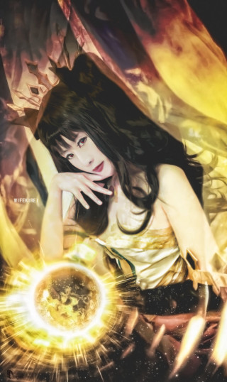 Woman white dress yellow ball 2 - a yellow light free wallpaper