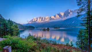 Lake mountains trees bench path - bernd fasching free wallpaper