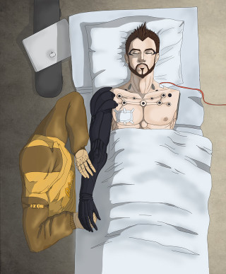 Man laying bed backpack laptop - cybernetic free wallpaper