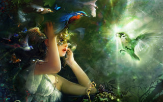 Woman holding bird flying overhead - over her free wallpaper