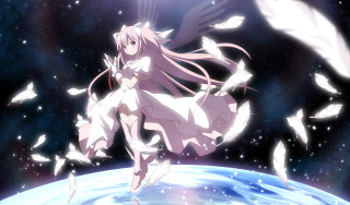 Girl white dress flying planet - over a planet free wallpaper