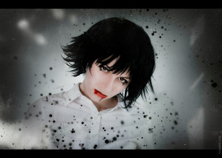 Woman black hair white shirt - a red lip free wallpaper