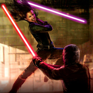 Woman lightsaber duel man suit - a red dress free wallpaper