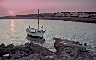 Boat docked lake sunset dawn - free ship wallpaper
