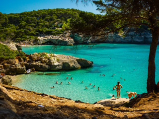 Swimming group blue lagoon trees - impressionist free wallpaper