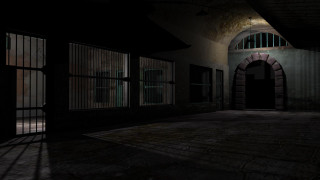 Dark hallway barred window door - grim free wallpaper