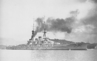 Battleship water mountain smoke floating - a mountain range free wallpaper