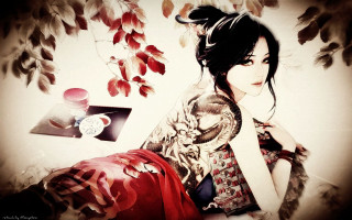 Woman tattoos sitting bed leaves - a bed next free wallpaper