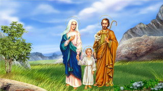 Man woman child field mountains - a painting of a man and woman free wallpaper