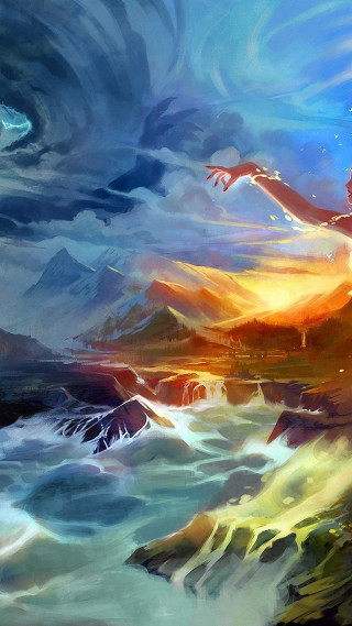 Woman cliff ocean arms outstretched - a sunset in the background free wallpaper