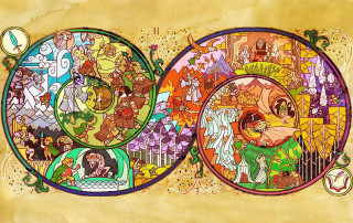 Cartoon scene colorful characters yellow - a green border free wallpaper