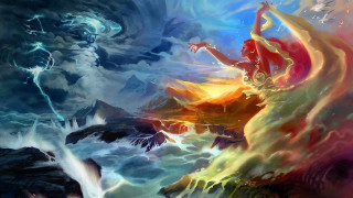 Woman colorful dress fire ice - a painting of a woman free wallpaper