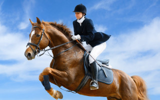 Woman riding horse in air - a sky background behind her free wallpaper