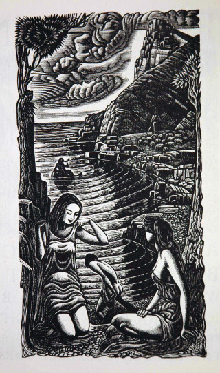 Women sitting river bank drawing - a fish free wallpaper