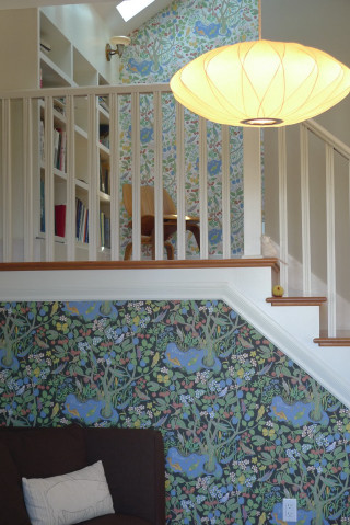 Livingroom couch floralwallpaper staircase artsandcrafts - floral free wallpaper
