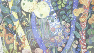 Forest trees flowers moon night - a painting of a forest free wallpaper