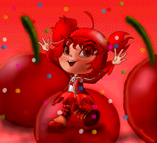 Cartoon girl cherries hands up - her eye free wallpaper