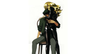 Couple hugging chair white background - gold free wallpaper