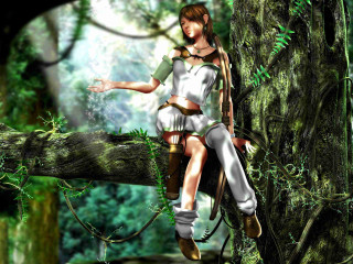 Woman sitting tree forest sword - a tree branch in a forest free wallpaper