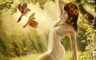 Woman white dress forest bird - digital painting free wallpaper