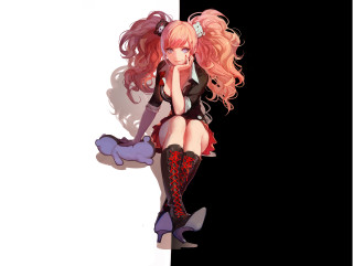 Pink haired woman sitting wall 2 - long pink hair free wallpaper