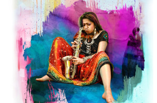 Woman sitting playing saxophone colorful - movie still frame free wallpaper
