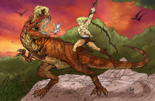 Man riding dinosaur sword bird - a dinosaur free wallpaper