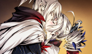 Anime couple hugging wings closed - their neck free wallpaper