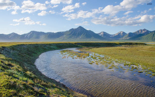 River green field mountains clouds - a sky free wallpaper