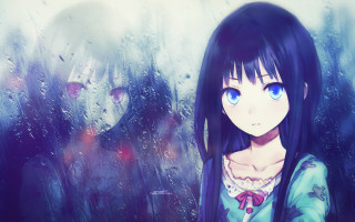 Girl blue eyes window rain - rain free wallpaper