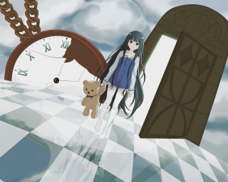 Girl walking clock teddy bear - a storybook illustration free wallpaper for desktop