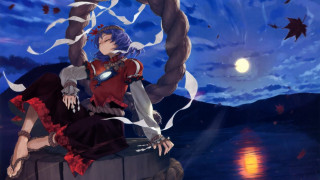 Woman sitting sword fullmoon night - a ledge free wallpaper