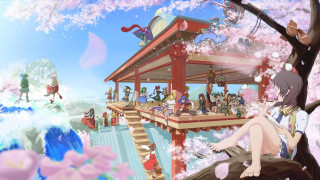 Woman sitting tree branch building - ukiyoe free wallpaper